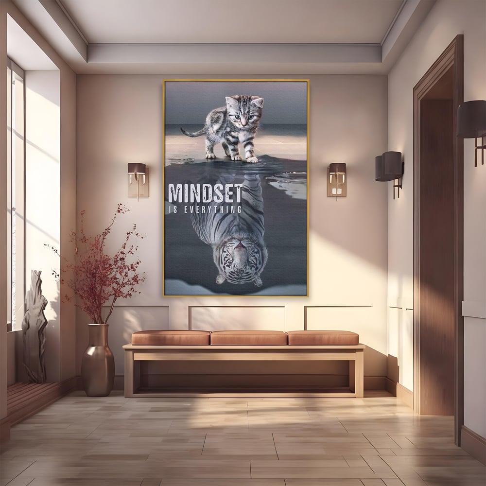 Tablou canvas cu tablou canvas cu pisoi si reflexie de tigru, in rama de aluminiu auriu